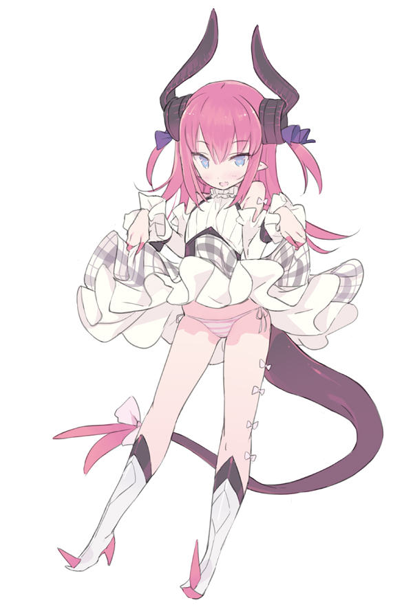 1girl :d bangs blade_(galaxist) blue_eyes blush boots dress eyebrows_visible_through_hair fate/extra fate/extra_ccc fate_(series) flat_chest full_body high_heel_boots high_heels horns lancer_(fate/extra_ccc) looking_at_viewer open_mouth panties pink_hair pink_panties side-tie_panties sidelocks simple_background smile solo standing striped striped_panties tail two_side_up underwear white_background white_dress white_panties