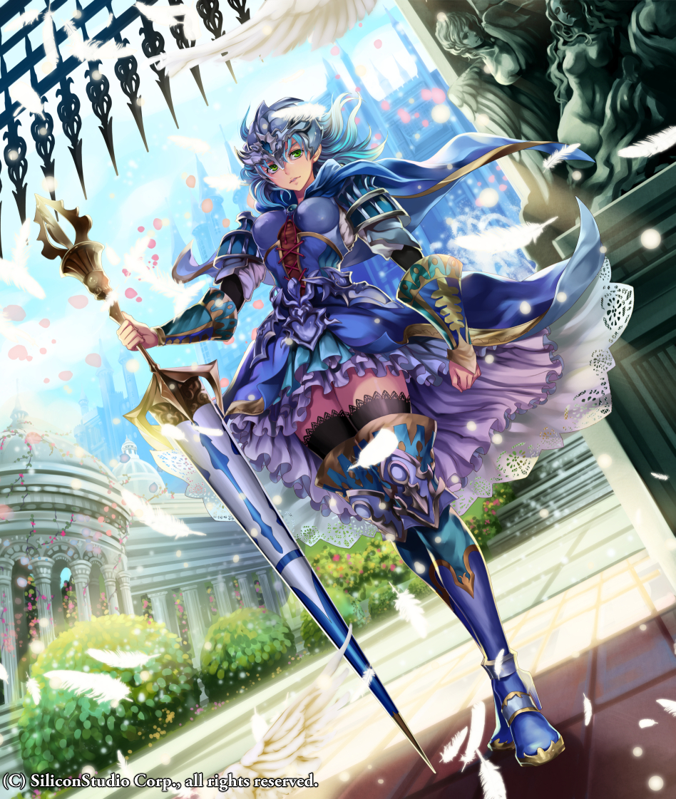 1girl armor armored_boots blue_hair boots breastplate castle character_request company_name feathers flower green_eyes gyakushuu_no_fantasica helmet lance leaf long_hair official_art petals polearm rinneroll sky solo statue thigh-highs wavy_hair weapon