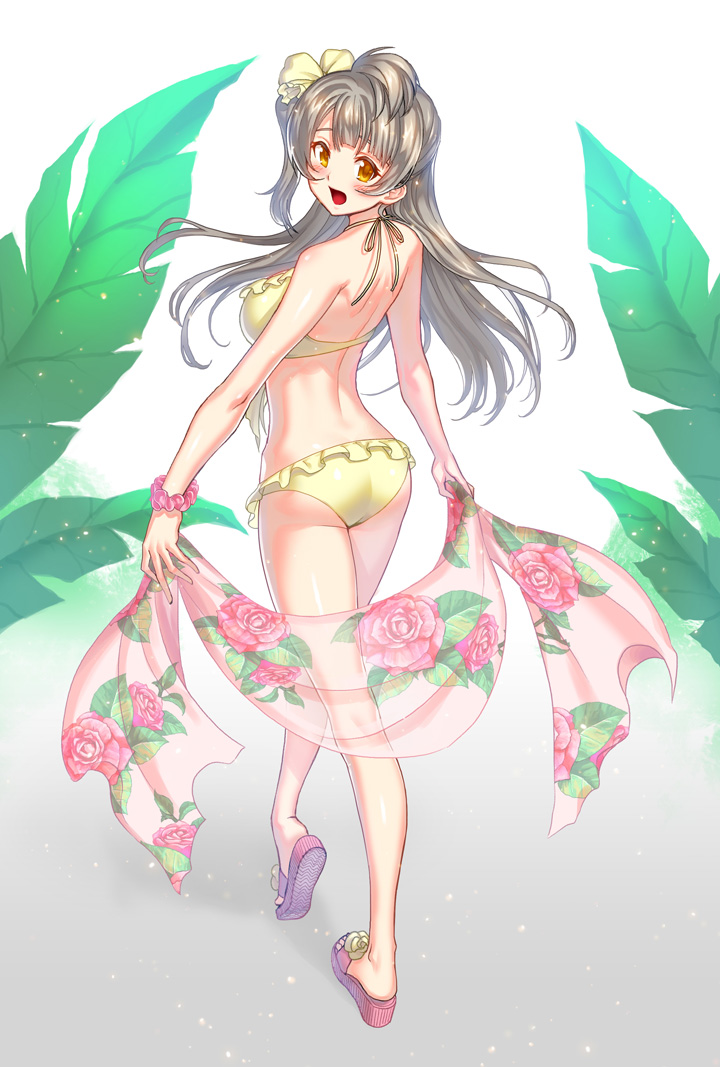 1girl :d ass asymmetrical_hair back bangs bare_arms bare_legs bare_shoulders bikini blunt_bangs blush breasts brown_hair commentary_request floral_print frilled_bikini frills from_behind full_body gradient gradient_background grey_background holding kws leaf long_hair looking_back love_live! love_live!_school_idol_project medium_breasts minami_kotori one-piece_tan open_mouth orange_eyes rose_print sandals scrunchie see-through shawl smile swimsuit tan tanline tareme walking wrist_scrunchie