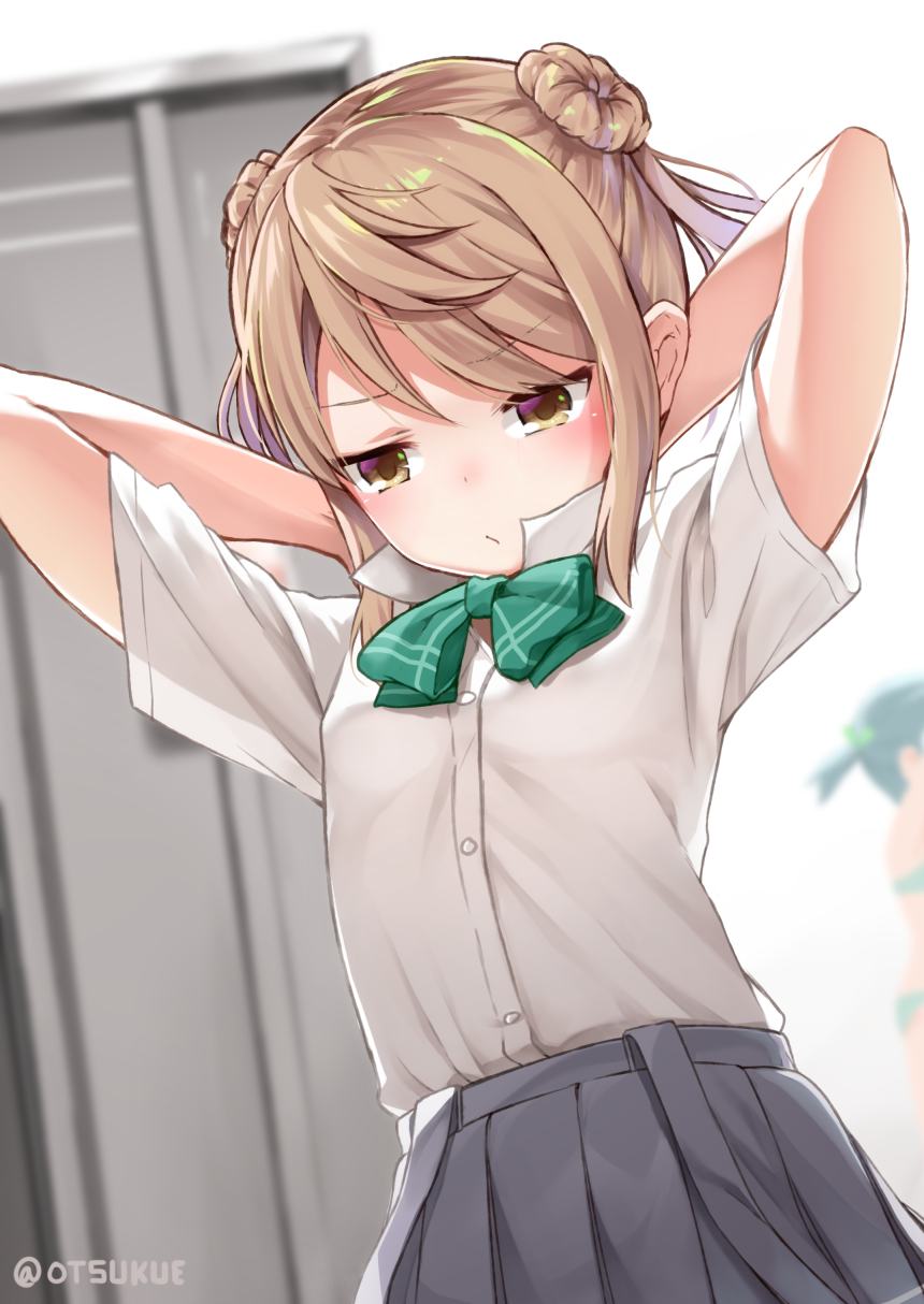 10s 2girls ascot blurry blurry_background bra brown_eyes brown_hair double_bun dx_(dekusu) green_ascot green_bra green_panties grey_skirt highres kantai_collection michishio_(kantai_collection) multiple_girls ooshio_(kantai_collection) panties pleated_skirt shirt short_hair short_sleeves short_twintails skirt solo_focus suspenders twintails twitter_username underwear underwear_only white_shirt