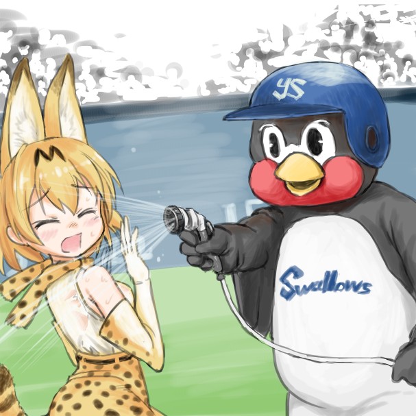 1girl animal_ears blonde_hair crossover elbow_gloves gloves hose kemono_friends mascot monbetsu_kuniharu nippon_professional_baseball open_mouth serval_(kemono_friends) serval_ears serval_tail short_hair shower shower_head sleeveless stadium tail tokyo_yakult_swallows tsubakuro tsubakurou