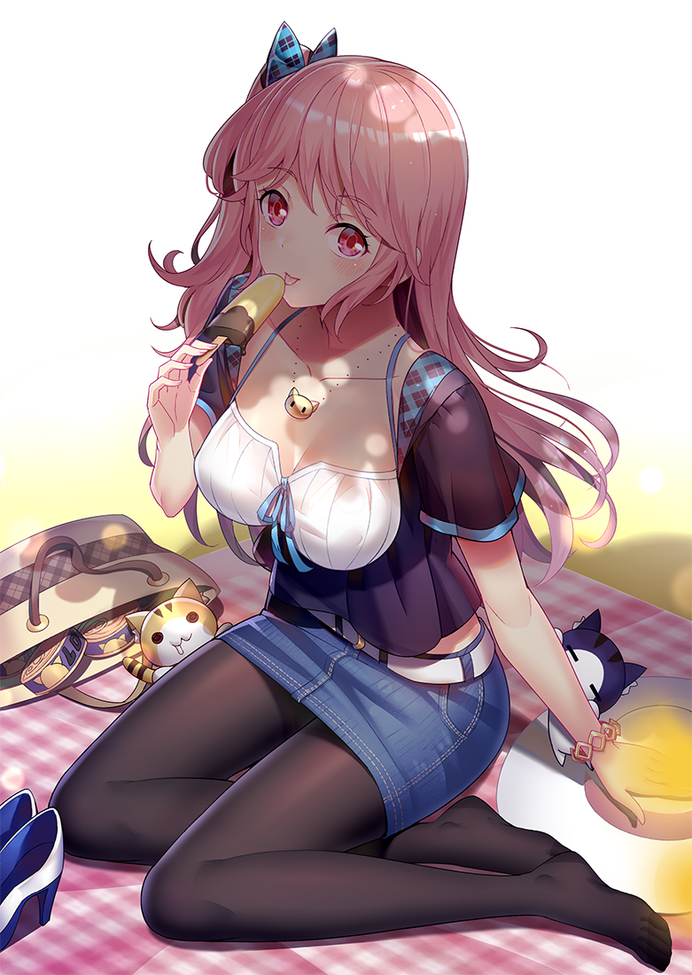 1girl arm_support black_legwear black_shirt breasts cat collarbone food footwear_removed from_above full_body hat long_hair looking_at_viewer medium_breasts miniskirt original pantyhose picnic picnic_basket pink_eyes pink_hair popsicle ririko_(zhuoyandesailaer) shirt short_sleeves sitting skirt sun_hat tongue tongue_out yokozuwari