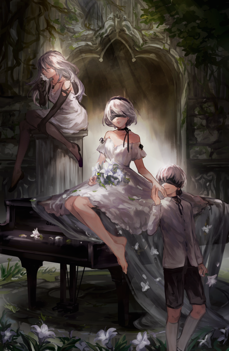 1boy 2girls bare_legs bare_shoulders barefoot black_choker black_gloves blindfold breasts choker closed_eyes commentary_request dress elbow_gloves flower formal gloves grass hairband highres instrument k_(sktchblg) long_hair medium_breasts mole mole_under_mouth multiple_girls nier_(series) nier_automata petals piano roots shirt short_hair silver_hair sitting smelling_flower smile standing suit white_dress white_flower white_hair white_legwear white_shirt yorha_no._2_type_b yorha_no._9_type_s yorha_type_a_no._2