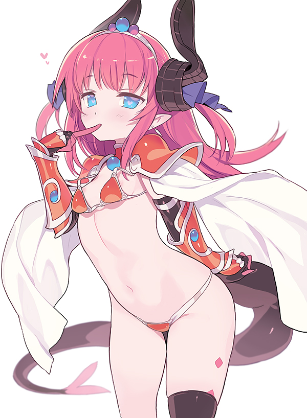 1girl armor bikini bikini_armor black_legwear blade_(galaxist) blue_eyes blue_ribbon blush breasts cape choker commentary_request curled_horns dragon_tail elizabeth_bathory_(brave)_(fate) fate/grand_order fate_(series) finger_to_mouth gauntlets hair_ribbon heart heart-shaped_pupils horns lancer_(fate/extra_ccc) long_hair looking_at_viewer navel pauldrons pink_hair pointy_ears red_bikini ribbon simple_background small_breasts solo standing string_bikini swimsuit symbol-shaped_pupils tail thigh-highs tiara two_side_up white_background white_cape