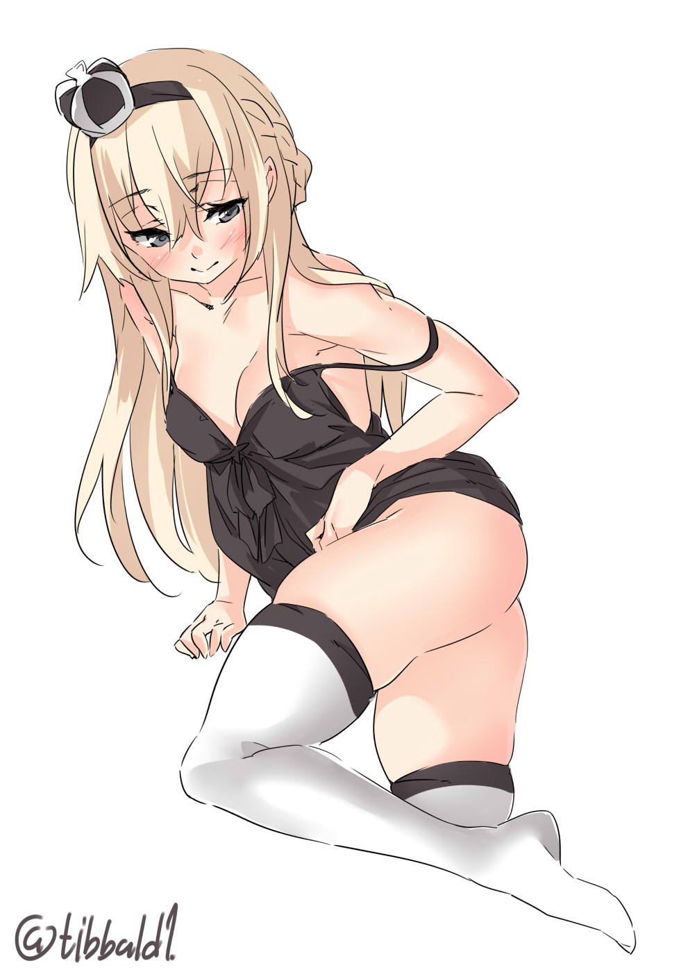 10s 1girl alternate_costume ass bare_arms bare_shoulders blonde_hair blue_eyes blush breasts camisole collarbone ebifurya hair_between_eyes hairband half-closed_eyes highres kantai_collection light_smile long_hair looking_down medium_breasts strap_slip thighs underwear underwear_only warspite_(kantai_collection) white_legwear