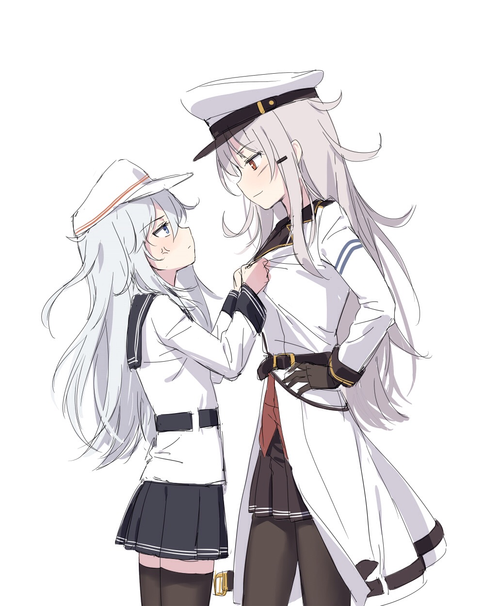 10s 2girls anger_vein black_gloves blue_eyes cnm coat cowboy_shot eye_contact from_side gangut_(kantai_collection) gloves hands_on_hips hat height_difference hibiki_(kantai_collection) highres jacket kantai_collection light_smile long_hair long_sleeves looking_at_another military military_uniform miniskirt multiple_girls pantyhose peaked_cap red_eyes school_uniform serafuku silver_hair size_difference skirt thigh-highs uniform verniy_(kantai_collection)