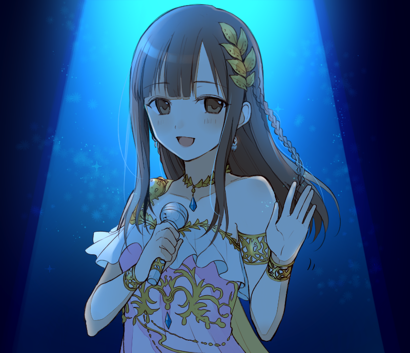 1girl :d bangs blunt_bangs blush bracelet braid chisumi eyebrows_visible_through_hair hair_ornament holding holding_microphone idolmaster idolmaster_cinderella_girls jewelry long_hair looking_at_viewer microphone mizumoto_yukari open_mouth side_braid sidelocks smile solo upper_body waving