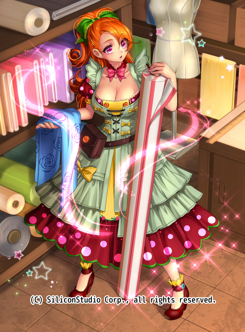 1girl apron belt bow breasts character_request cleavage company_name curly_hair dress full_body gyakushuu_no_fantasica high_heels large_breasts long_hair official_art orange_hair pink_eyes ponytail ryuki@maguro-ex solo sparkle star