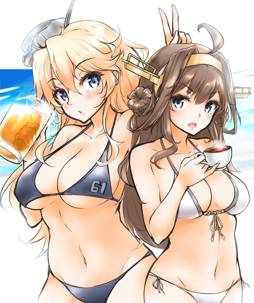 10s 2girls ahoge alcohol beer beer_mug bikini black_bikini black_tea blonde_hair blue_eyes breasts brown_hair cup double_bun geckolion hair_between_eyes hairband headgear holding holding_cup iowa_(kantai_collection) kantai_collection kongou_(kantai_collection) large_breasts long_hair multiple_girls open_mouth star star-shaped_pupils swimsuit symbol-shaped_pupils tea teacup teeth v white_bikini