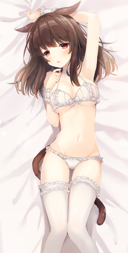 1girl :o animal_ears armpits bangs bare_arms bare_shoulders bed_sheet blush bra breasts cat_ears cat_tail cleavage commentary_request dakimakura final_fantasy final_fantasy_xiv finger_to_chin frilled_bra frilled_legwear frilled_panties frills from_above head_tilt long_hair looking_at_viewer looking_up lying medium_breasts miqo'te navel on_back open_mouth panties red_eyes solo stomach tail tareme thigh_gap underwear underwear_only usamito white_bra white_choker white_legwear white_panties wrist_cuffs