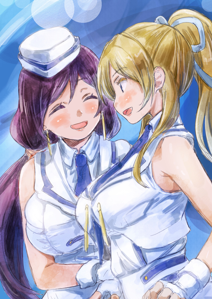 2girls ayase_eli blonde_hair blue_eyes blush breasts earrings fingerless_gloves gloves jewelry large_breasts love_live! love_live!_school_idol_project multiple_girls open_mouth ponytail purple_hair toujou_nozomi wonderful_rush yohane