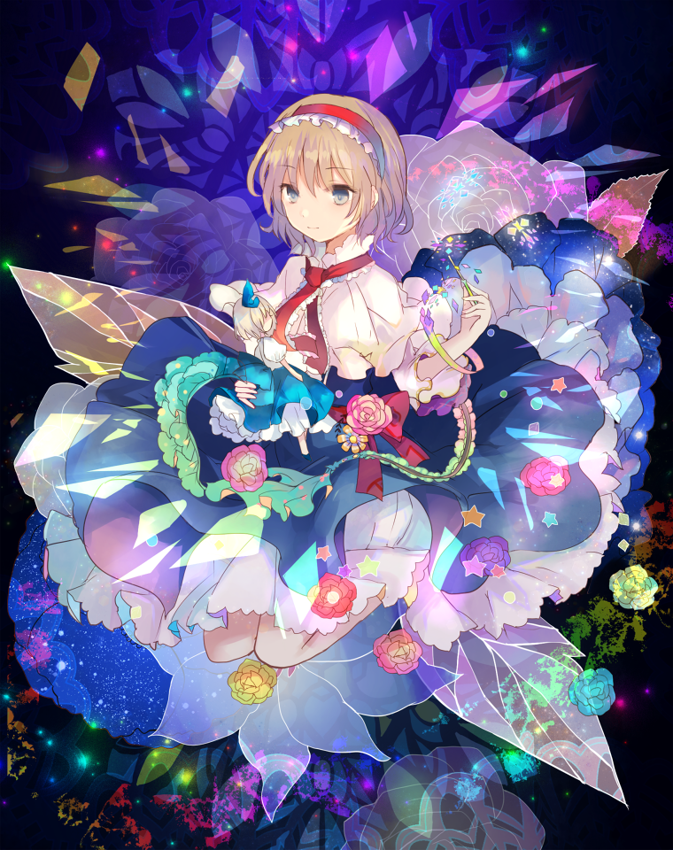 1girl alice_margatroid alice_margatroid_(pc-98) blonde_hair blue_dress blue_eyes bow capelet doll dress flower hair_bow kazu_(muchuukai) kneeling necktie rose short_hair smile solo touhou