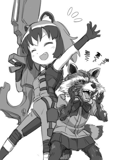 1boy 1girl angry animal_ears common_raccoon_(kemono_friends) cosplay costume_switch embarrassed fang gloves guardians_of_the_galaxy gun height_difference kemono_friends kinosuke_(sositeimanoga) multicolored_hair oversized_weapon raccoon raccoon_ears rocket_raccoon short_hair skirt two-tone_hair weapon