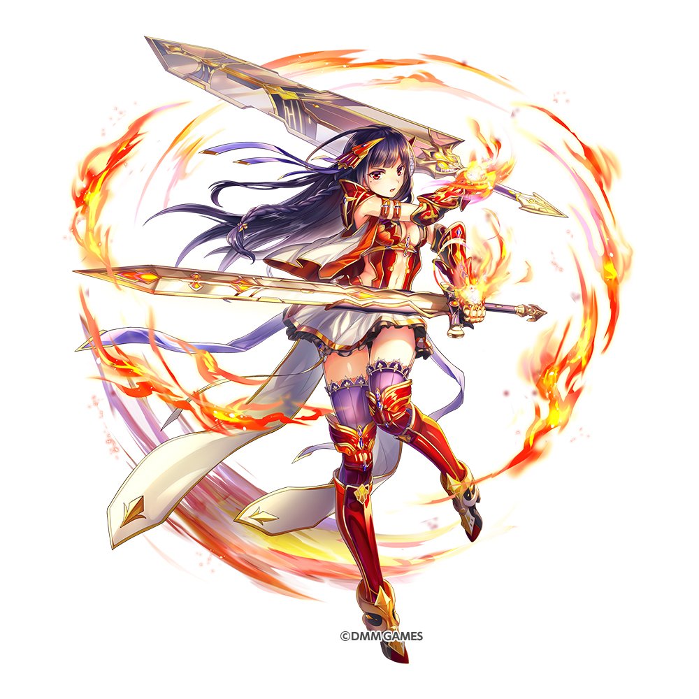 1girl armor armored_boots black_hair boots braid breasts commentary_request copyright_name dual_wielding fire full_body gauntlets hair_ornament holding kami_project long_hair looking_at_viewer medium_breasts mole mole_under_eye navel official_art open_mouth original pauldrons pleated_skirt purple_legwear red_eyes simple_background skirt solo sword thigh-highs weapon white_background zettai_ryouiki