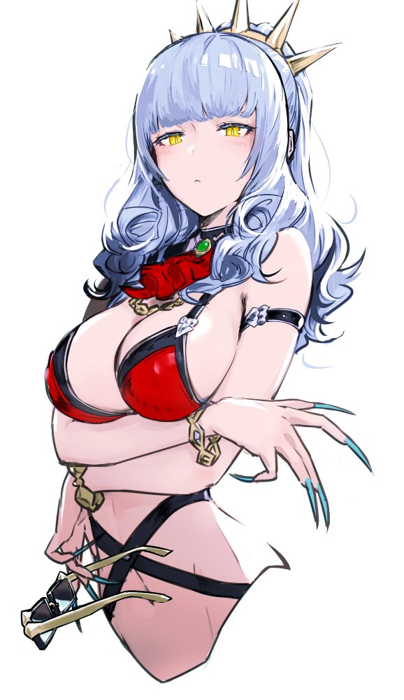 1girl bangs blunt_bangs breasts carmilla_(fate/grand_order) cropped_torso crossed_arms fate/grand_order fate_(series) fingernails holding_sunglasses large_breasts long_fingernails long_hair looking_at_viewer robo8 sharp_fingernails silver_hair simple_background solo summertime_mistress_(fate/grand_order) sunglasses swimsuit white_background yellow_eyes