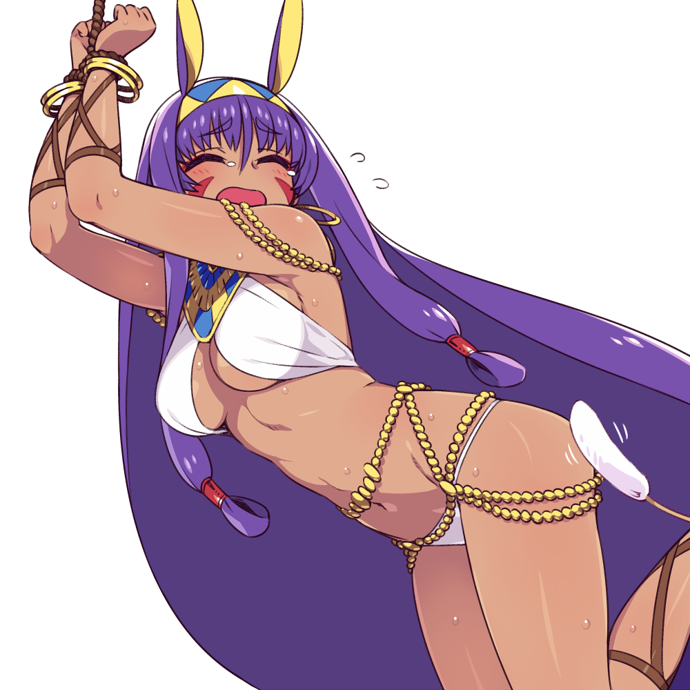 1girl animal_ears armpits arms_up bangle bangs bare_legs bare_shoulders bdsm big_hair blush bondage bound bound_wrists bracelet breasts cat_teaser chan_co dark_skin earrings egyptian egyptian_clothes eyebrows_visible_through_hair fate/grand_order fate_(series) flying_sweatdrops hair_between_eyes hairband hoop_earrings jewelry leaning_forward leg_up long_hair low-tied_long_hair medium_breasts motion_lines navel nitocris_(fate/grand_order) open_mouth purple_hair raised_eyebrows revision shiny shiny_skin sidelocks simple_background solo stomach sweat sweatdrop tears thighs tickle_torture tickling two-tone_hairband under_boob very_long_hair white_background