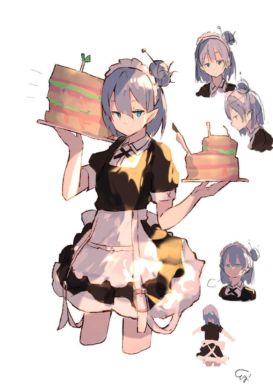 1girl =3 aqua_eyes artist_name bangs cake closed_mouth cropped_legs enj! expressionless food from_side grey_hair hair_between_eyes hair_bun highres holding holding_food holding_tray looking_at_viewer maid maid_headdress multiple_views original pointy_ears short_sleeves signature simple_background sketch tray white_background