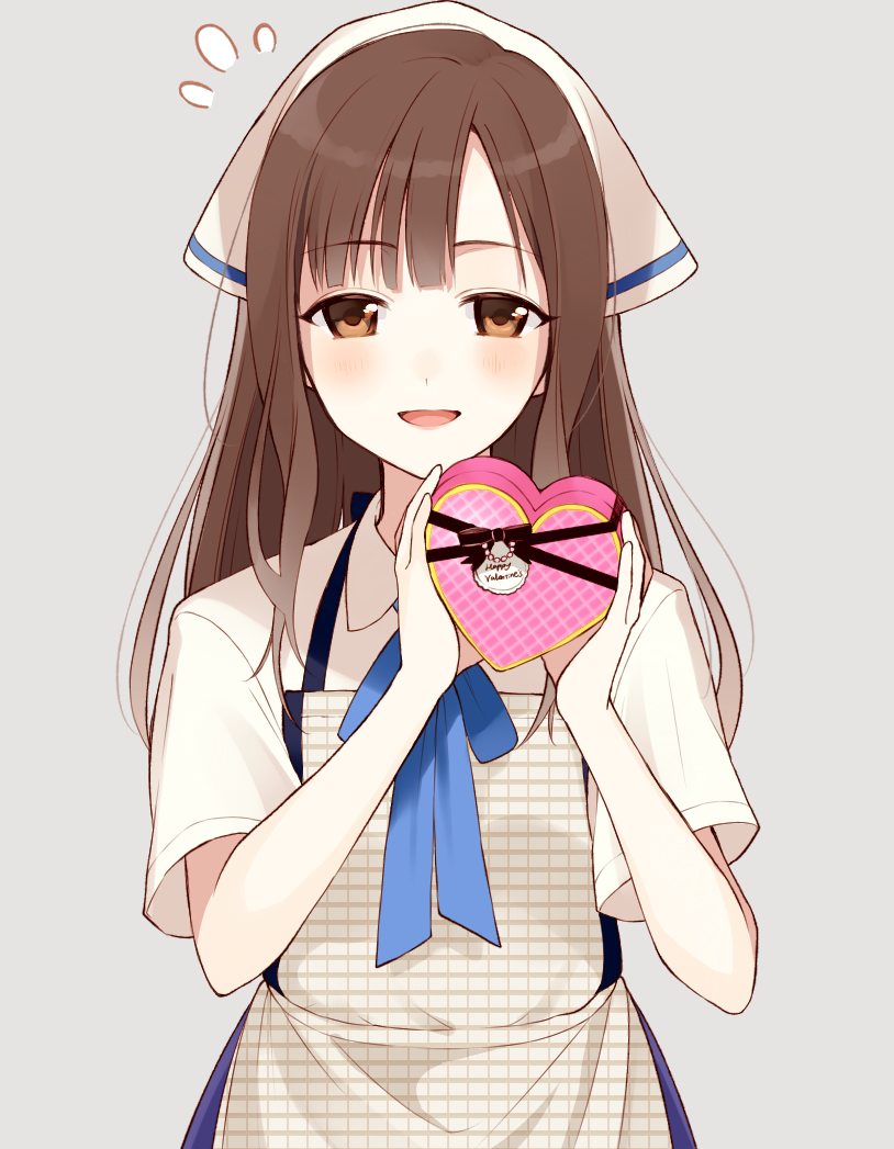 1girl apron bangs blouse blunt_bangs blush brown_eyes brown_hair chisumi eyebrows_visible_through_hair flying_sweatdrops gift grey_background hands_up head_scarf heart-shaped_box holding holding_gift idolmaster idolmaster_cinderella_girls long_hair looking_at_viewer mizumoto_yukari open_mouth short_sleeves simple_background smile solo upper_body white_blouse