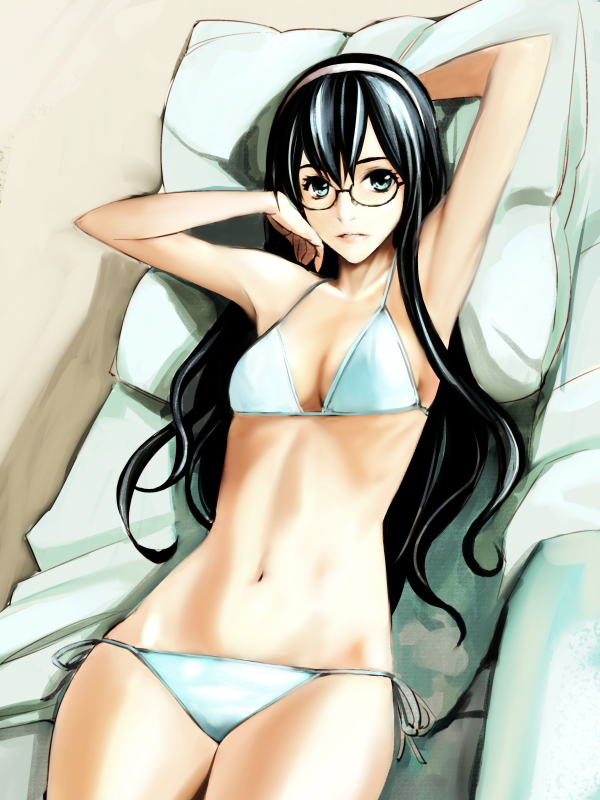 10s 1girl bikini black_hair blue_bikini blue_eyes breasts glasses hairband kantai_collection long_hair looking_at_viewer lying medium_breasts navel on_back ooyodo_(kantai_collection) pillow side-tie_bikini solo swimsuit takano_masayuki