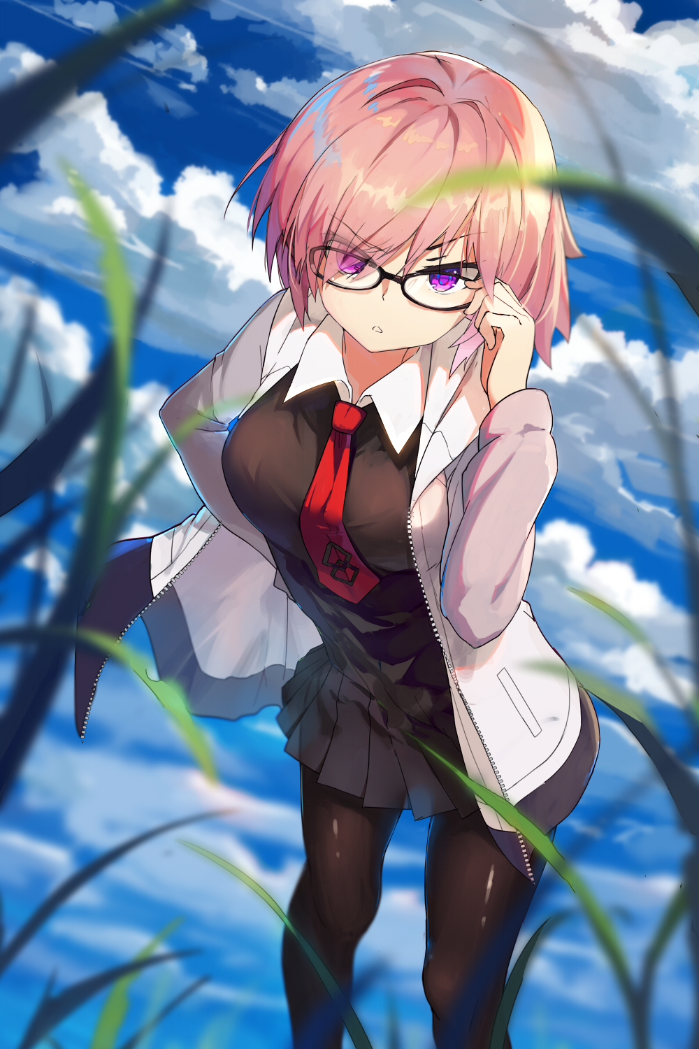 1girl adjusting_glasses baisi_shaonian bangs black-framed_eyewear black_dress black_legwear blue_sky clouds cloudy_sky day dress eyebrows_visible_through_hair eyes_visible_through_hair fate/grand_order fate_(series) glasses grass hair_over_one_eye hand_on_hip highres hood hoodie looking_at_viewer open_clothes open_hoodie outdoors pantyhose pink_hair pleated_dress pleated_skirt shielder_(fate/grand_order) short_dress short_hair skirt sky solo standing violet_eyes