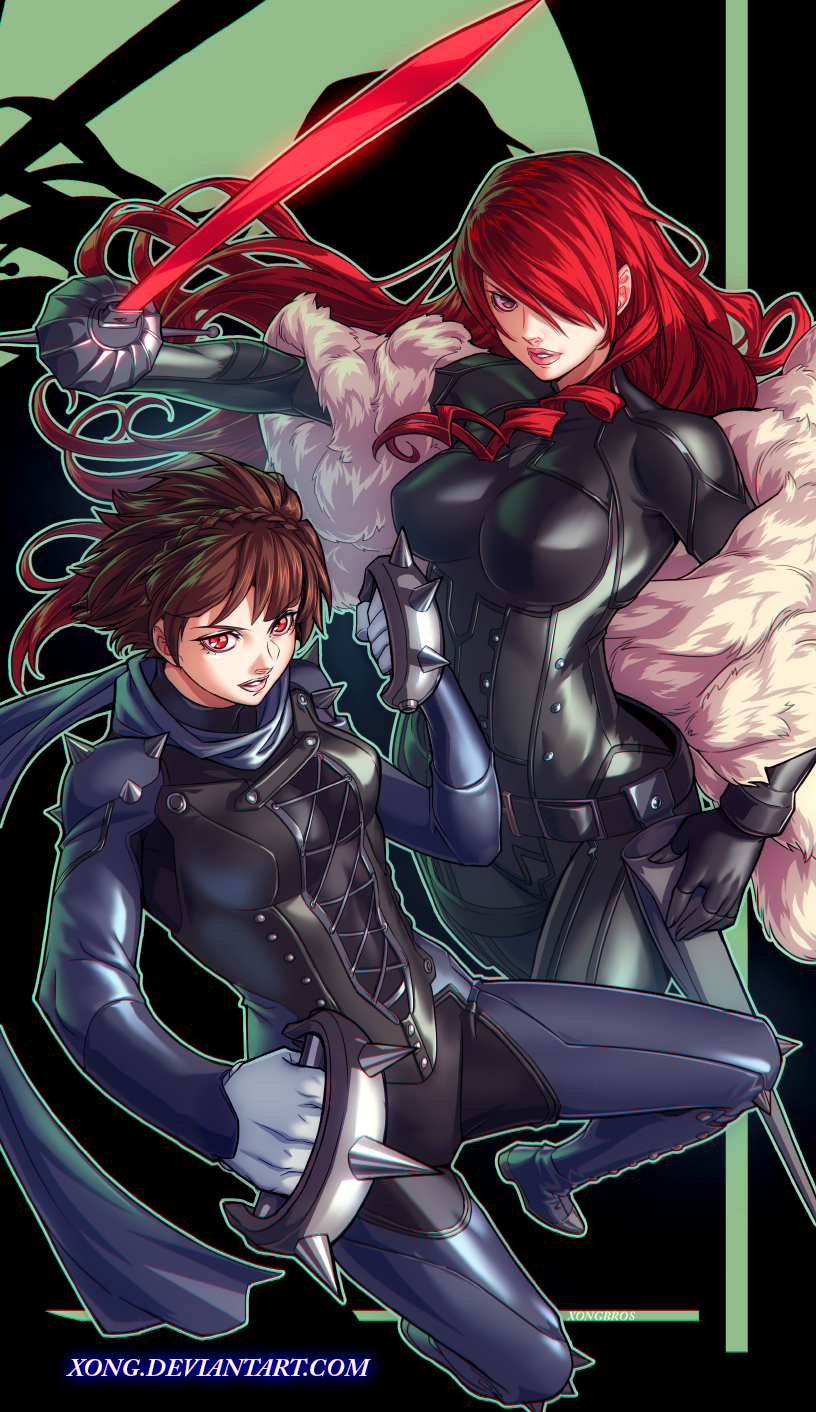 2girls bodysuit brass_knuckles brown_hair fur_coat hair_over_one_eye highres kirijou_mitsuru multiple_girls niijima_makoto parted_lips persona persona_3 persona_4:_the_ultimate_in_mayonaka_arena persona_5 rapier redhead scarf spikes sword weapon xong