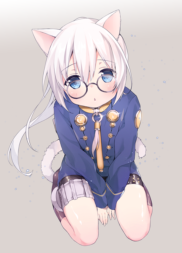 1girl :o animal_ears bangs between_legs black-framed_eyewear blade_&amp;_soul blue_eyes blue_jacket blush cat_ears cat_girl cat_tail eyebrows_visible_through_hair from_above glasses hair_between_eyes hand_between_legs holster jacket kneehighs long_hair long_sleeves looking_at_viewer open_mouth ponytail round_glasses seiza sitting solo tail tassel thigh_holster tsuka white_hair