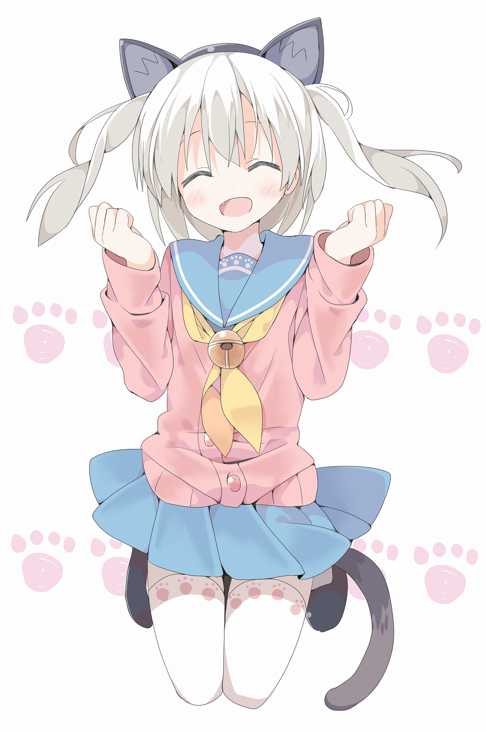 1girl animal_ears bell blush cat_ears cat_tail closed_eyes fang flat_chest hairband highres jumping long_sleeves looking_at_viewer open_mouth original oversized_clothes oversized_shirt pale_skin paw_print pink school_uniform serafuku shirt shoes smile solo tail tantan_men_(dragon) thigh-highs white_background white_hair white_legwear zettai_ryouiki