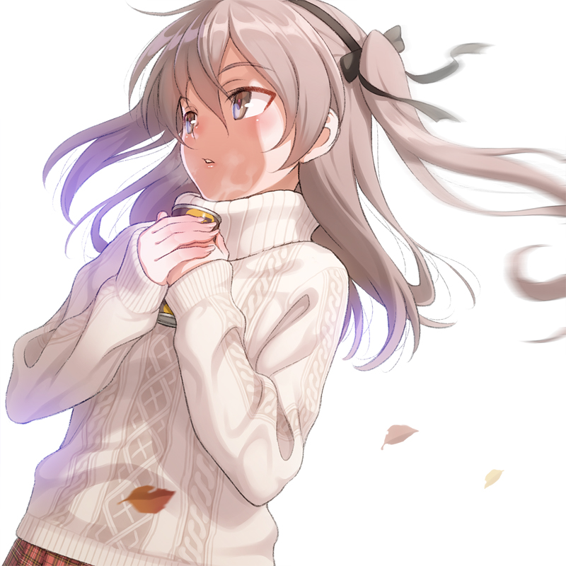 1girl brown_eyes brown_hair can girls_und_panzer leaf long_hair long_sleeves pairan ribbon shimada_arisu side_ponytail solo sweater turtleneck turtleneck_sweater