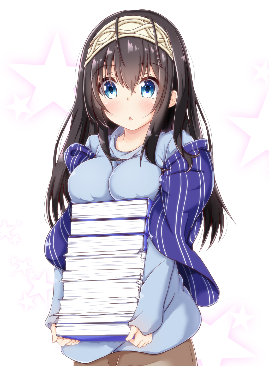 1girl :o black_hair blue_eyes blush book book_stack breast_rest breasts carried_breast_rest commentary_request hairband highres holding holding_book idolmaster idolmaster_cinderella_girls jewelry large_breasts long_hair looking_at_viewer niku114514810 pendant sagisawa_fumika shawl simple_background star starry_background sweater