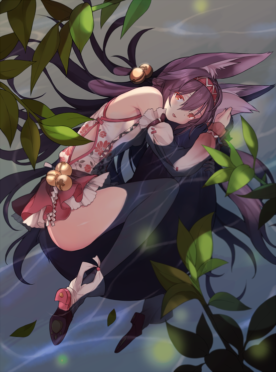 1girl animal_ears bangs bare_shoulders bell detached_sleeves dress eyebrows_visible_through_hair floral_print fox_ears fox_girl fox_tail frilled_skirt frills from_above hair_between_eyes hairband jingle_bell leaf looking_at_viewer lying on_side open_mouth original outdoors partially_submerged purple_hair shoes short_dress skirt sleeveless sleeveless_dress smile solo tail tsuka water white_shoes
