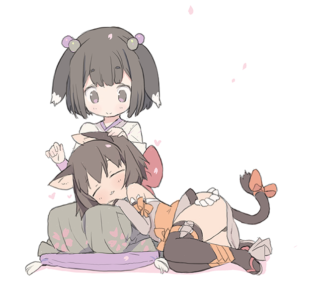 2girls :3 =_= animal_ears bangs black_legwear blade_(galaxist) cat_ears cat_tail cherry_blossoms chibi closed_eyes closed_mouth dog_ears eyebrows_visible_through_hair floral_print hair_bobbles hair_ornament hakama japanese_clothes lap_pillow legs_together multiple_girls petting pop-up_story renge_miyamoto sleeping smile suzuna_isurugi tail thigh-highs