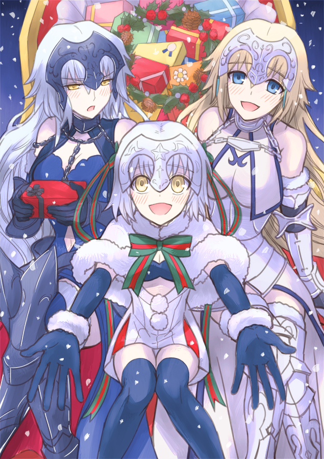 3girls :d armor armored_boots armored_dress bag bell black_gloves black_legwear blonde_hair blue_eyes blush boots box breasts capelet chains cleavage dual_persona elbow_gloves fate/grand_order fate_(series) fur_trim gauntlets gift gift_box gloves hair_ribbon headpiece jeanne_alter jeanne_alter_(santa_lily)_(fate) large_breasts long_hair looking_at_viewer multiple_girls navel open_mouth outstretched_arms ribbon ruler_(fate/apocrypha) sanada_(teketo) short_hair silver_hair sleigh small_breasts smile striped striped_ribbon thigh-highs very_long_hair yellow_eyes