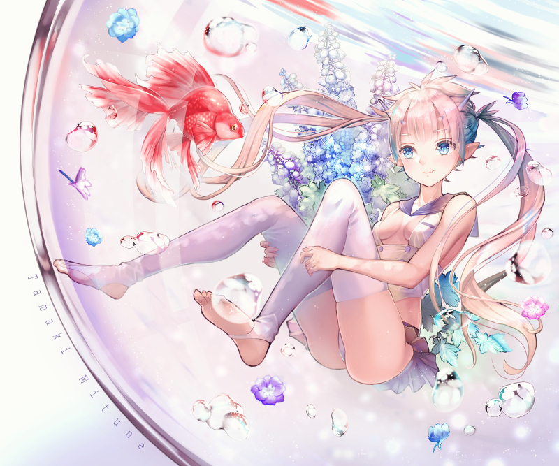 1girl air_bubble artist_name bangs blonde_hair blue_eyes blush closed_mouth eyebrows_visible_through_hair feet fish flower goldfish highleg highleg_swimsuit in_container long_hair looking_at_another no_shoes one-piece_swimsuit original sailor_collar sidelocks smile soles solo swimsuit tamaki_mitsune thigh-highs toeless_legwear toes twintails white_legwear