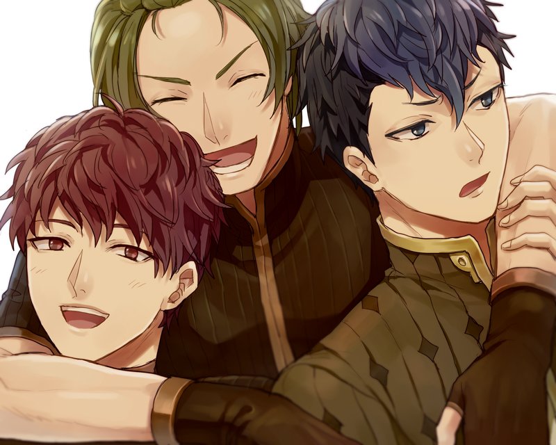 3boys akke black_hair blue_eyes blue_hair closed_eyes fire_emblem fire_emblem_echoes:_mou_hitori_no_eiyuuou fire_emblem_gaiden force_(fire_emblem) green_eyes green_hair hug hug_from_behind looking_at_viewer lukas_(fire_emblem) male_focus multicolored_hair multiple_boys open_mouth paison portrait red_eyes redhead simple_background smile teeth two-tone_hair white_background