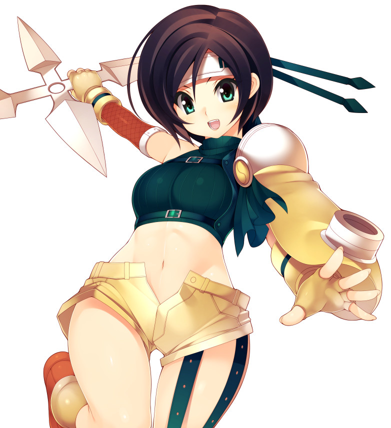 1girl breasts brown_hair commentary_request final_fantasy final_fantasy_vii fingerless_gloves fishnets gloves green_eyes headband holding holding_weapon huge_weapon kinoshita_ichi looking_at_viewer medium_breasts midriff navel one_leg_raised open_mouth short_hair shorts shuriken simple_background smile solo weapon white_background yuffie_kisaragi