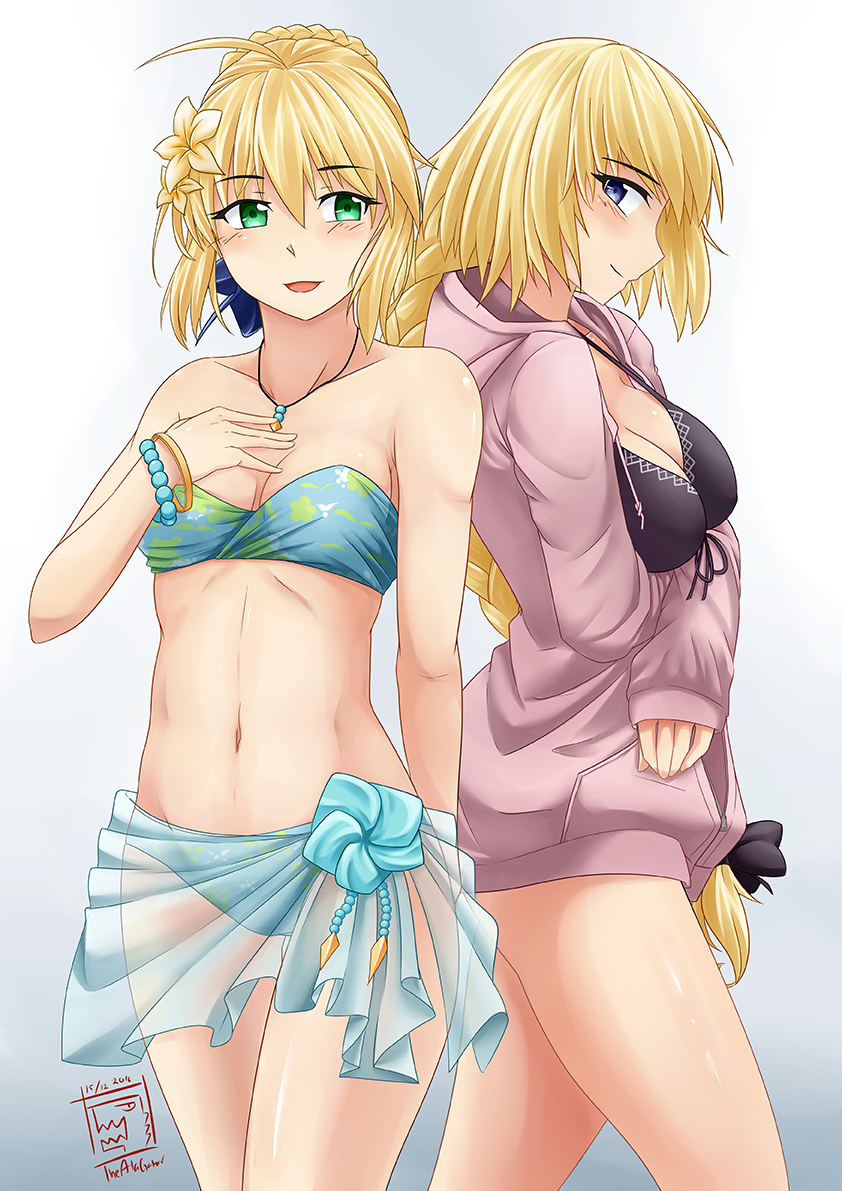 1girl 2girls ahoge bandeau bikini blonde_hair blue_eyes blush breast_lift breasts cleavage fate/apocrypha fate/stay_night fate_(series) from_side front-tie_top green_eyes groin hand_on_own_chest jewelry medium_breasts multiple_girls navel necklace ruler_(fate/apocrypha) saber sleeves_past_wrists small_breasts smile swimsuit swimsuit_under_clothes thealagator thighs violet_eyes