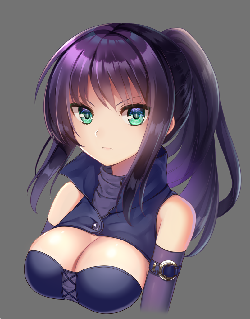 1girl aqua_eyes bare_shoulders black_hair borrowed_character breasts cleavage elbow_gloves gloves large_breasts long_hair looking_at_viewer original ponytail purple_hair simple_background solo upper_body yatsuki_yura