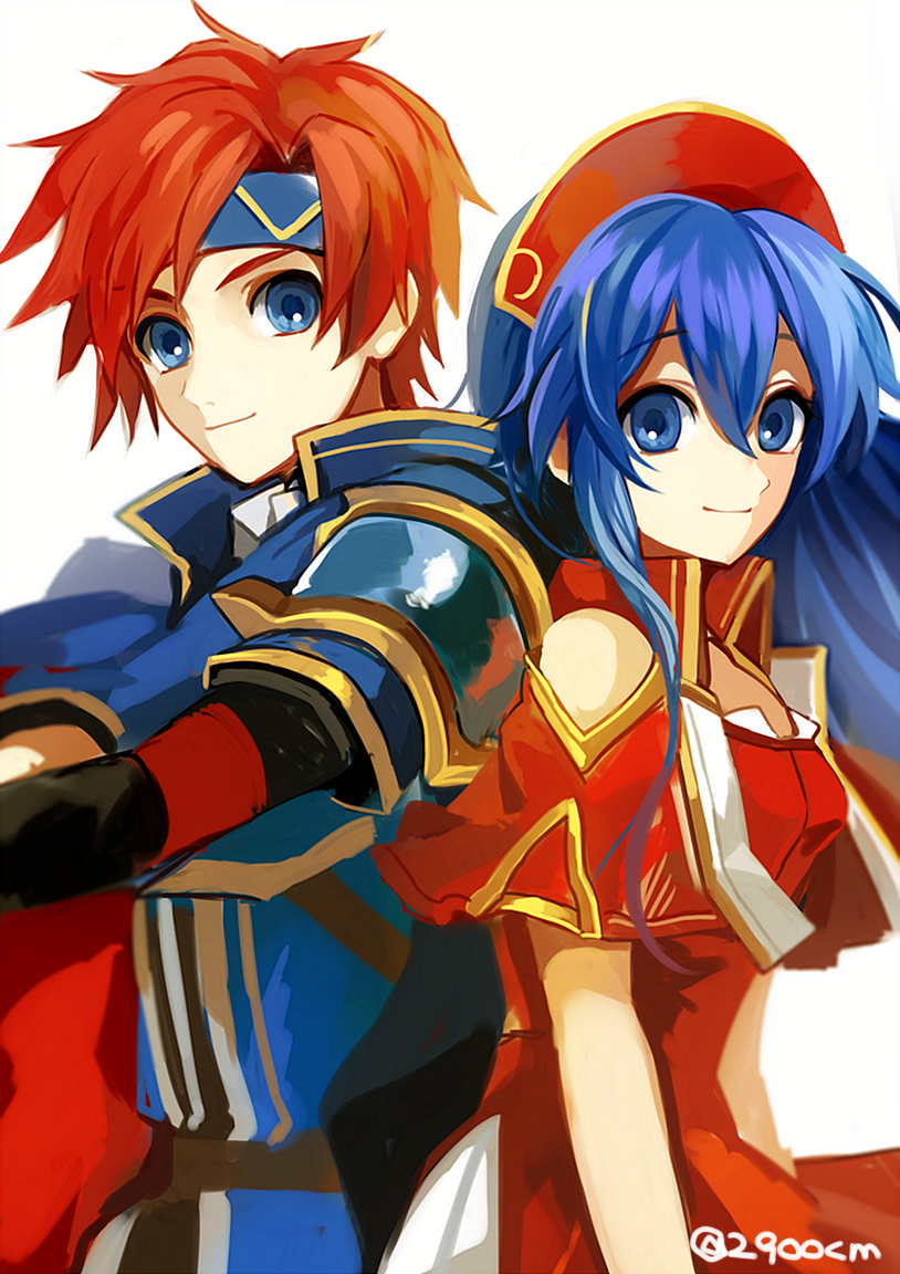 1boy 1girl 2900cm blue_hair blush cape closed_eyes couple dress fire_emblem fire_emblem:_fuuin_no_tsurugi hat headband hetero lilina long_hair redhead roy_(fire_emblem) short_hair simple_background white_background