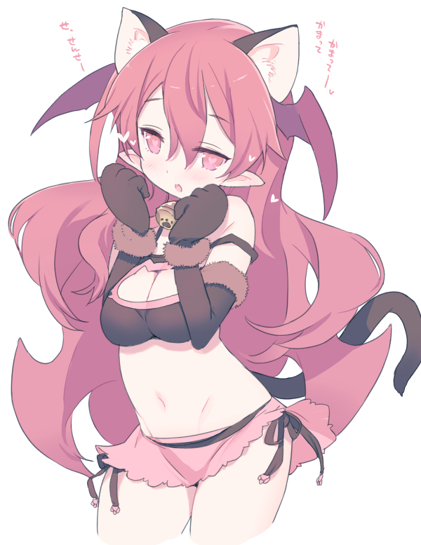 1girl :o animal_ears bangs black_gloves black_panties blade_(galaxist) blush breasts carrie_alberta cat_cutout cat_ears cat_tail cleavage cleavage_cutout cropped_legs demon_girl elbow_gloves eyebrows_visible_through_hair fang gloves hair_between_eyes head_wings heart long_hair looking_at_viewer medium_breasts microskirt midriff navel open_mouth panties paws pink_skirt pointy_ears pop-up_story side-tie_panties simple_background skirt solo succubus tail translation_request underwear wavy_hair white_background