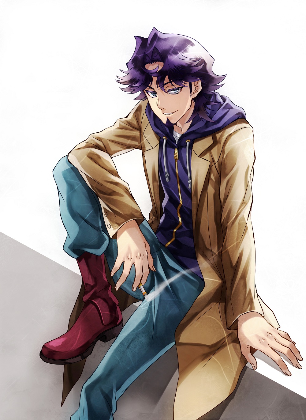 1boy boots cigarette denim facial_hair goatee grey_eyes highres hood hoodie jeans kusanagi_shouichi looking_at_viewer male male_focus pants purple_hair red_boots sitting smoking trench_coat yuu-gi-ou yuu-gi-ou_vrains yuuheisyoujyo