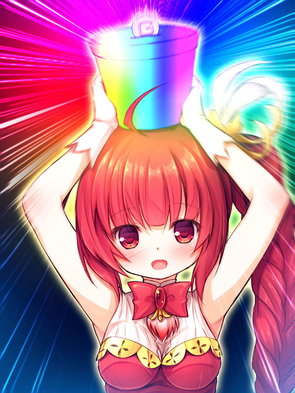 1girl bow braid breasts coin eyebrows_visible_through_hair flower_knight_girl gloves long_hair looking_at_viewer medium_breasts pachira_(flower_knight_girl) rainbow red_bow red_eyes redhead side_ponytail smile solo upper_body white_gloves yuku_(kiollion)