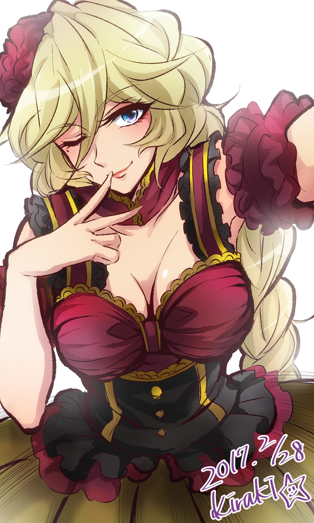 1girl armband artist_name blonde_hair blush braid breasts carol_malus_dienheim cleavage dated dress eyebrows_visible_through_hair eyelashes finger_to_mouth flower hair_flower hair_ornament highres kiraki large_breasts lips long_hair looking_at_viewer mole mole_under_eye older one_eye_closed outstretched_arm self_shot senki_zesshou_symphogear shiny shiny_hair shiny_skin simple_background smile solo very_long_hair white_background