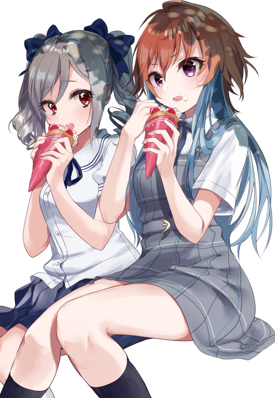 2girls cream cream_on_face crepe drill_hair food food_on_face highres idolmaster idolmaster_cinderella_girls kanzaki_ranko long_hair multicolored_hair multiple_girls ninomiya_asuka orange_hair red_eyes school_uniform silver_hair sinsihukunokonaka twin_drills twintails two-tone_hair violet_eyes