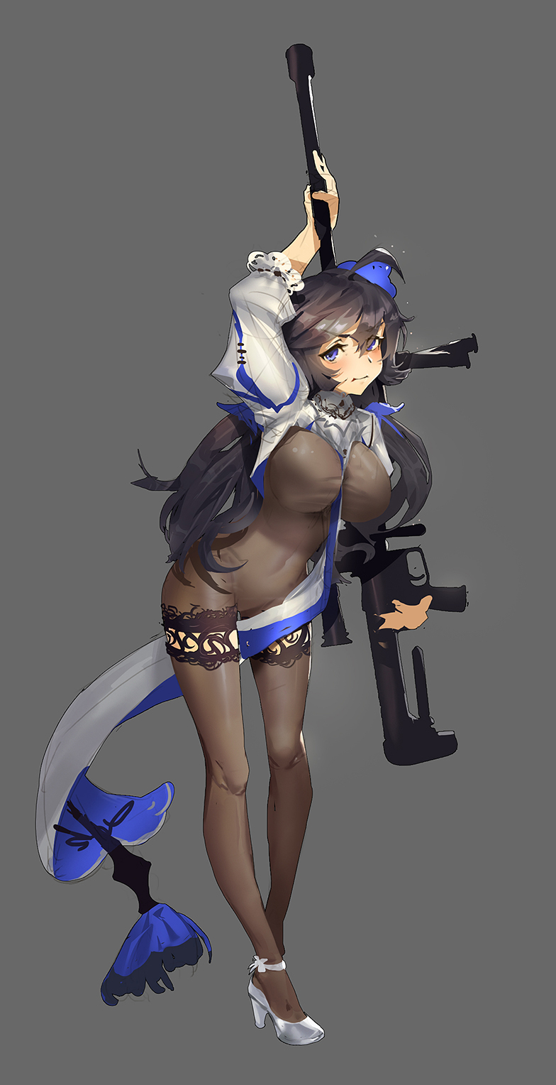 1girl anti-materiel_rifle between_breasts black_hair blue_eyes blush bodysuit breasts covered_navel full_body gun high_heels highres large_breasts leaning_forward long_hair looking_at_viewer pout rifle shori_bun skin_tight sniper_rifle standing weapon