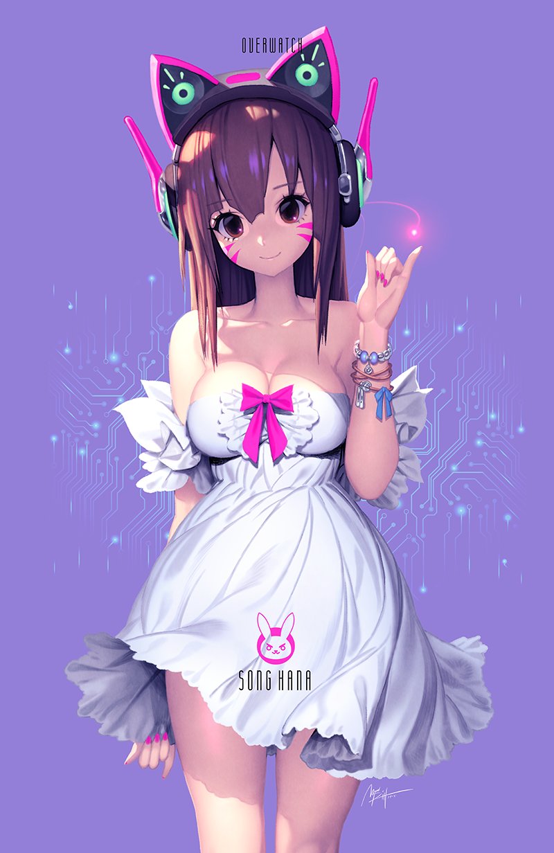 1girl alternate_costume axent_wear bangs bare_shoulders bow bracelet breasts brown_eyes brown_hair cat_ear_headphones character_name circuit_board cleavage closed_mouth collarbone copyright_name cowboy_shot d.va_(overwatch) dress dress_tug emblem eyebrows_visible_through_hair fingernails hair_between_eyes hand_up head_tilt headphones highres jewelry light_particles long_fingernails long_hair looking_at_viewer mandrill medium_breasts nail_polish overwatch pink_bow pink_nails pinky_out purple_background short_dress smile solo strapless strapless_dress sundress white_dress