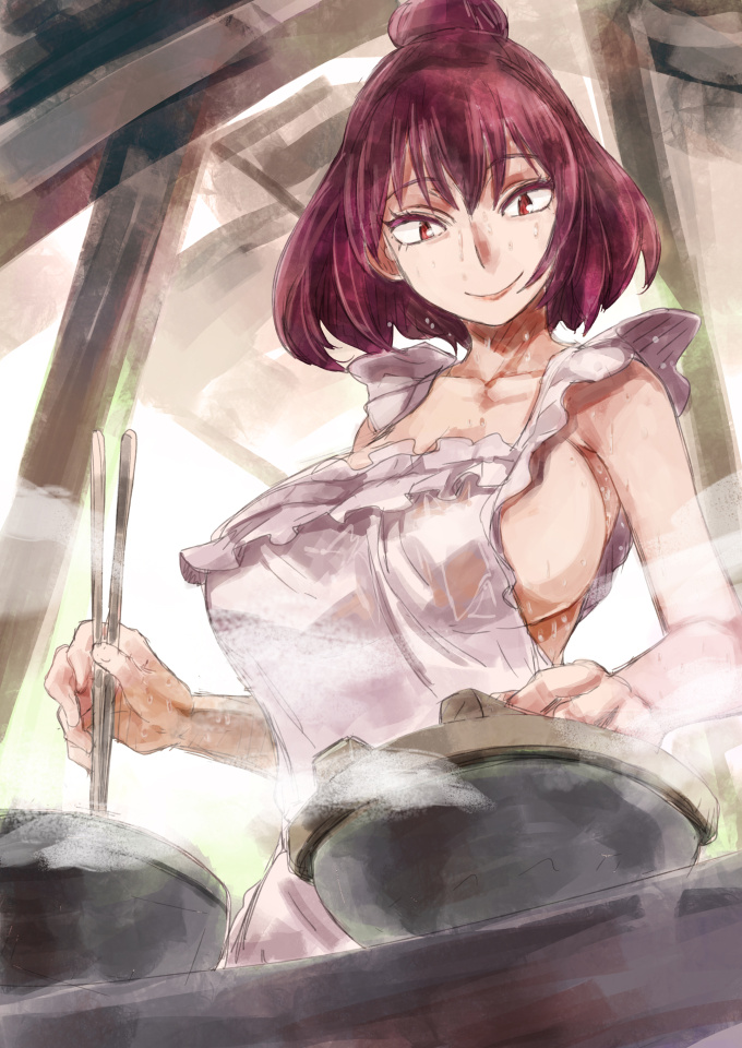 1girl apron bare_shoulders breasts chopsticks cooking double_bun fang hot large_breasts looking_at_viewer naked_apron pot purple_hair red_eyes short_hair smile solo steam sweat sweating sweating_profusely touhou upper_body wet yasaka_kanako yohane