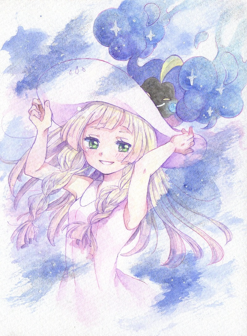 1girl armpits arms_up bad_id blonde_hair blush cosmog dress drill_hair green_eyes hands_on_headwear hat light_smile lillie_(pokemon) long_hair momo_amai pokemon pokemon_(creature) pokemon_(game) pokemon_sm sleeveless sleeveless_dress smile sundress texture traditional_media twin_drills watercolor_pencil_(medium) white_dress