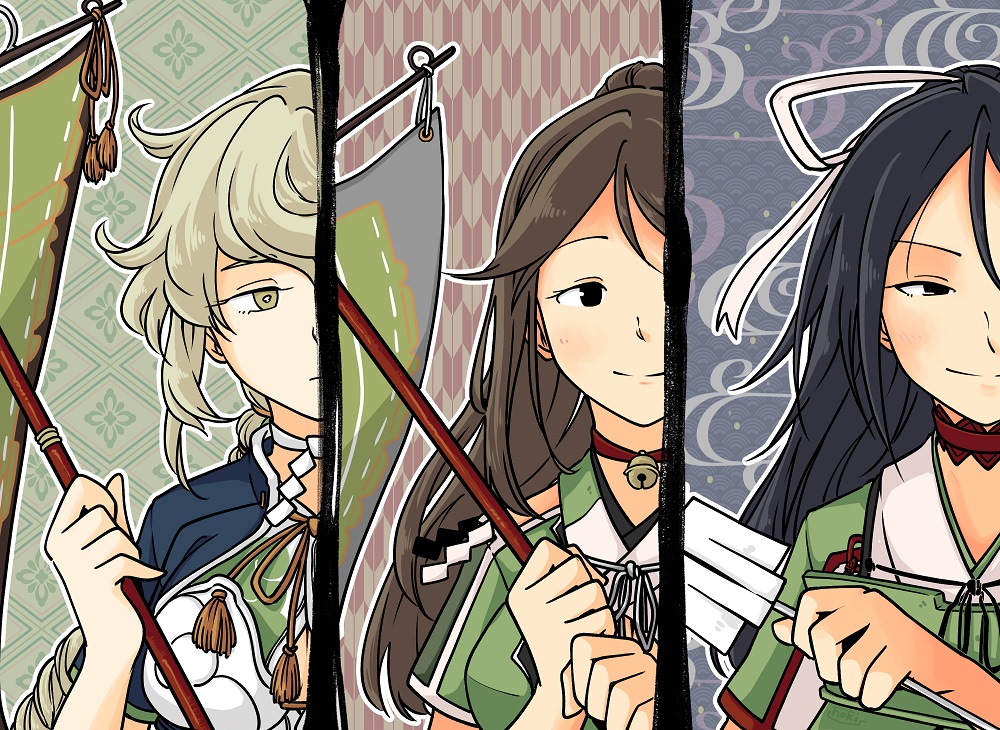 10s 3girls alternate_eye_color amagi_(kantai_collection) arrow asymmetrical_hair bangs bare_shoulders blue_hair braid breasts brown_hair cleavage_cutout cloud_print commentary_request flight_deck fujinoki_(horonabe-ken) hair_between_eyes kantai_collection katsuragi_(kantai_collection) large_breasts light_smile lips long_hair looking_to_the_side multiple_girls parted_bangs ponytail remodel_(kantai_collection) shikigami silver_hair single_braid small_breasts smile staff unryuu_(kantai_collection) upper_body very_long_hair