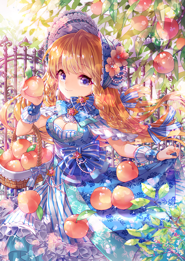1girl artist_name bangs basket beads blonde_hair blue_bow blue_dress blue_eyes blush bonnet bow braid breasts cleavage cleavage_cutout dress eyebrows_visible_through_hair fence flower food frills fruit gem hair_ribbon holding holding_basket holding_food holding_fruit ironwork long_hair looking_at_viewer medium_breasts original peach plant ribbon skirt_hold smile solo standing striped striped_bow twin_braids vertical-striped_dress vertical_stripes violet_eyes wrist_cuffs zenyu