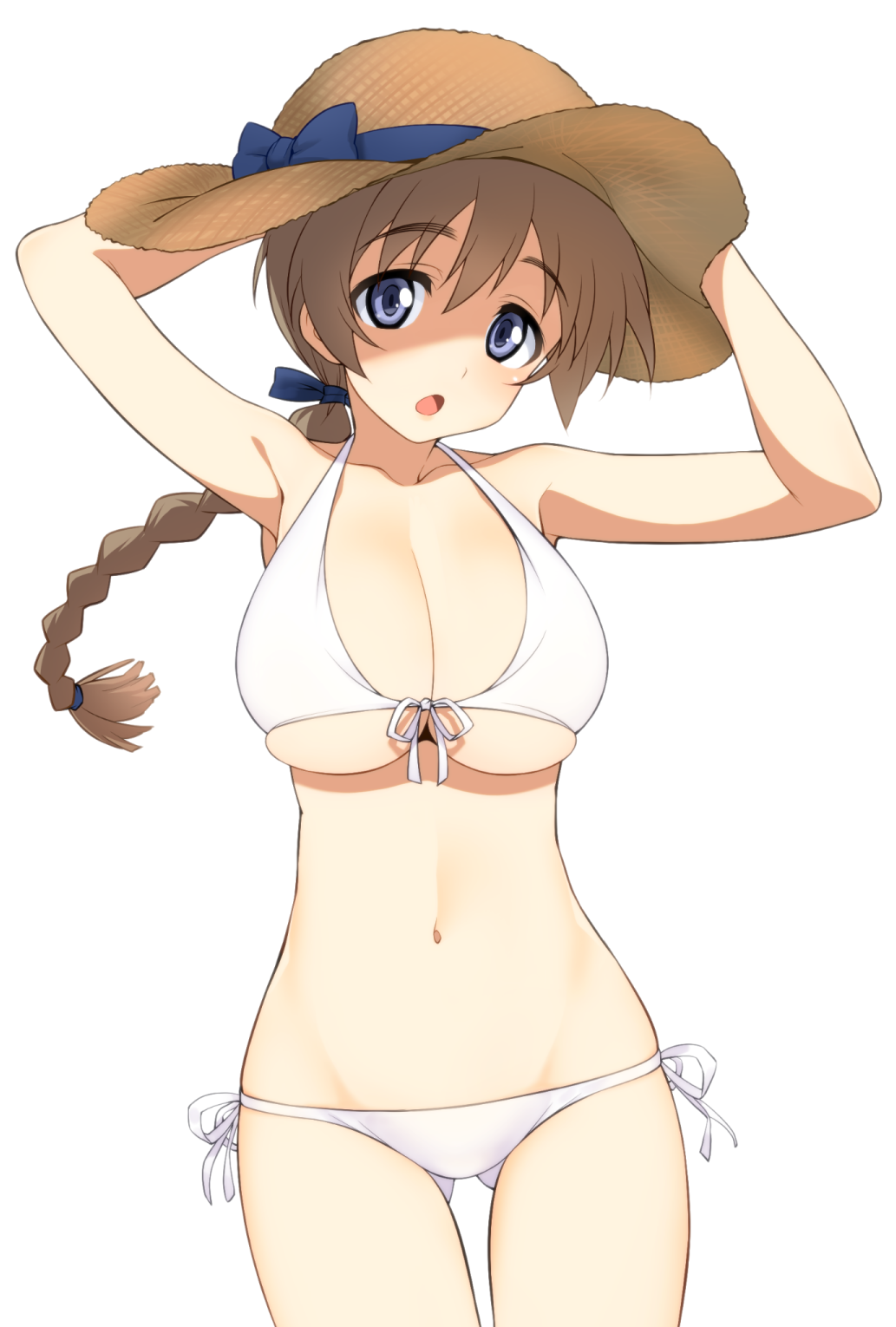 1girl armpits arms_up bikini blue_eyes bow braid breasts brown_hair cleavage collarbone cowboy_shot eyebrows_visible_through_hair front-tie_bikini front-tie_top gluteal_fold hairband halterneck hands_on_headwear hat hat_bow hatakenaka_(kamagabuchi) highres large_breasts long_hair lynette_bishop navel open_mouth side-tie_bikini simple_background single_braid skindentation solo straw_hat strike_witches sun_hat swimsuit tareme thick_eyebrows white_background white_bikini world_witches_series